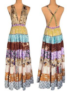 Boho Y2K Patchwork Tiered Maxi Dress Sz S Open Back Flowy Gipsy